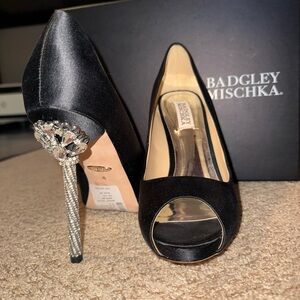 Badgley Mischka Black Satin Peep Toe Heels